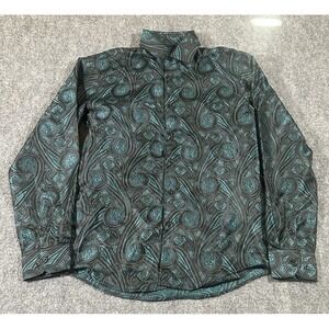 Barry Wang Mens Medium Green Button Up L/S Shirt Paisley Silky AOP